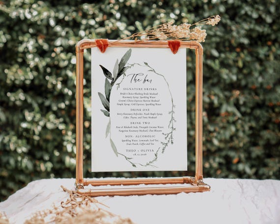 Greenery Wedding Bar Menu Template: Eucalyptus Drinks Sign (Digital Download)