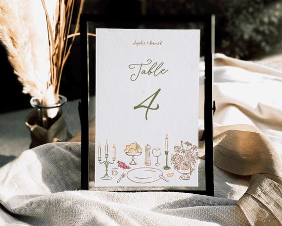 Hand-Drawn Wedding Table Number: Scribble Illustrations Sign (Digital Download)