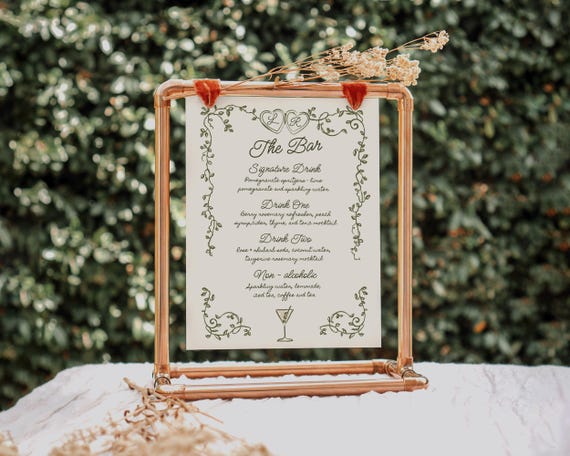 Whimsical Wedding Bar Menu: Hand-Drawn Mediterranean Drinks Sign (Digital Download)