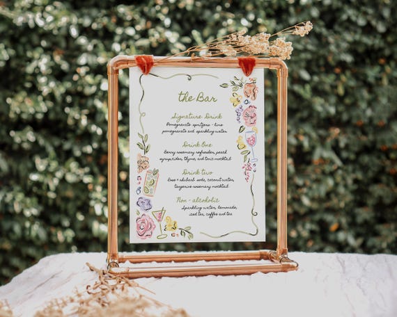 Whimsical Floral Wedding Bar Menu: Hand-Drawn Garden Party Drinks Sign (Digital Download)