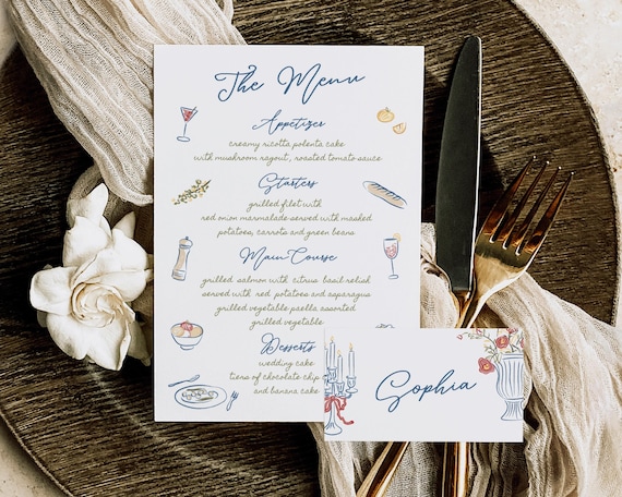 Hand-Drawn Wedding Menu And Place Card: Scribble Illustrations (Digital Download)