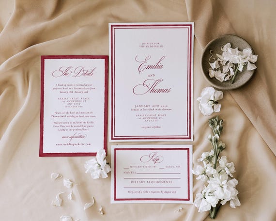 Burgundy Watercolor Wedding Invitation Template Suite: Luxury Old Money Invite Set (Digital Download)