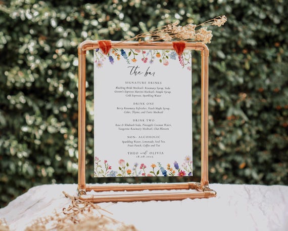 Spring Floral Wedding Bar Menu: Colorful Wildflowers Drinks Sign (Digital Download)