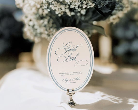Blue Watercolor Oval Guest Book Wedding Sign: Elegant Classic Reception Decor (Digital Download)