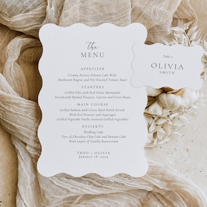 Golvende menu- en plaatskaartsjabloon | Minimalistisch Wave-menu | Golvende plaatskaart | Menu Gastenkaart | Bruiloftsmenu | Menu met geschulpte rand | Rimpeling