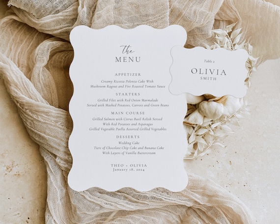 Wavy Wedding Menu And Place Card: Modern Minimalist Template (Digital Download)