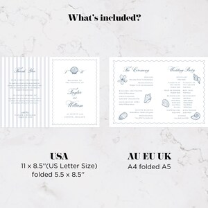 May include: A wedding program template featuring blue seashell illustrations and text. The USA version measures 11 by 8.5 inches, folding to 5.5 by 8.5 inches. The international version is A4 size, folding to A5. The design includes ceremony details.
