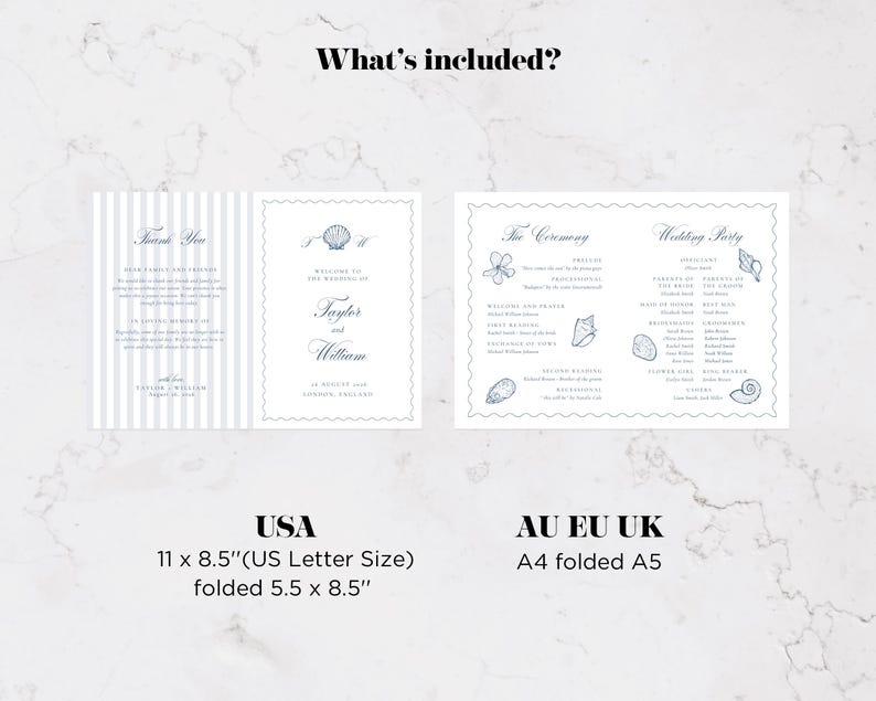 May include: A wedding program template featuring blue seashell illustrations and text. The USA version measures 11 by 8.5 inches, folding to 5.5 by 8.5 inches. The international version is A4 size, folding to A5. The design includes ceremony details.