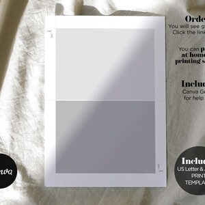 Puede incluir: Una plantilla blanca imprimible con el texto "Order" e "Includes" en negro. La plantilla incluye dos rect&aacute;ngulos en blanco para texto o im&aacute;genes. El texto "You will see guide pdf Click the links here." est&aacute; debajo de la palabra "Order". El texto "You can print at home or printing service" est&aacute; debajo del texto "Click the links here". El texto "Canva Guide for help edit" est&aacute; debajo de la palabra "Includes". El texto "US Letter & A4 Size PRINT TEMPLATES" est&aacute; debajo de la palabra "Includes" en la esquina inferior derecha de la plantilla.