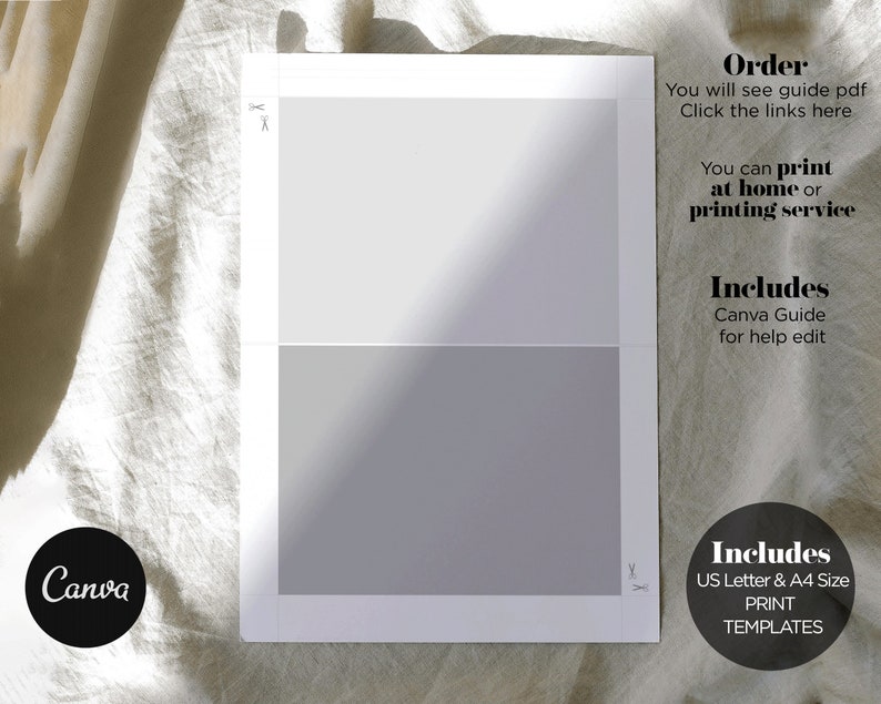 Puede incluir: Una plantilla blanca imprimible con el texto "Order" e "Includes" en negro. La plantilla incluye dos rect&aacute;ngulos en blanco para texto o im&aacute;genes. El texto "You will see guide pdf Click the links here." est&aacute; debajo de la palabra "Order". El texto "You can print at home or printing service" est&aacute; debajo del texto "Click the links here". El texto "Canva Guide for help edit" est&aacute; debajo de la palabra "Includes". El texto "US Letter & A4 Size PRINT TEMPLATES" est&aacute; debajo de la palabra "Includes" en la esquina inferior derecha de la plantilla.