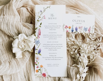 Spring Floral Wedding Menu And Place Card: Colorful Wildflowers (Digital Download)