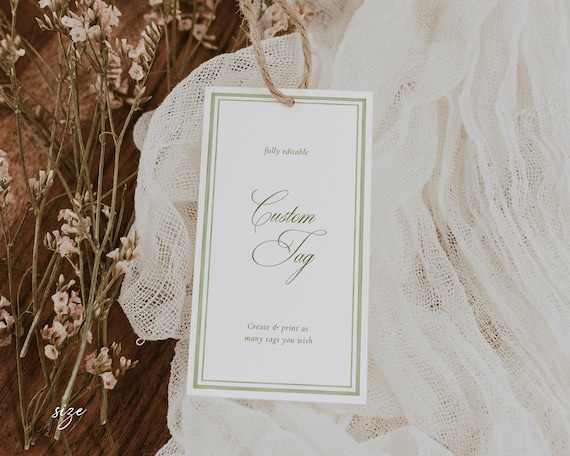 Green Watercolor Custom Tag Template: Elegant Classic Wedding Favor Label (Digital Download)