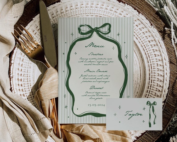 Bow Dinner Menu & Place Card: Striped Template (Digital Download)