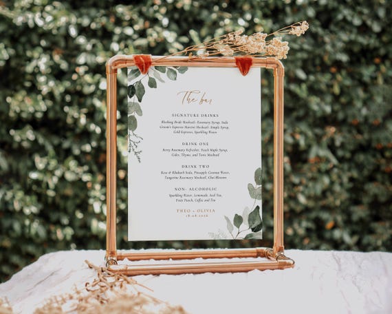 Eucalyptus Wedding Bar Menu Template: Greenery Drinks Sign (Digital Download)