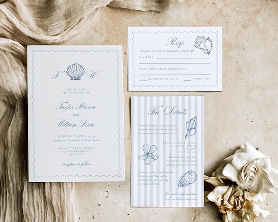 Seashell Wedding Invitation Template: Coastal Beach Suite (Digital Download)