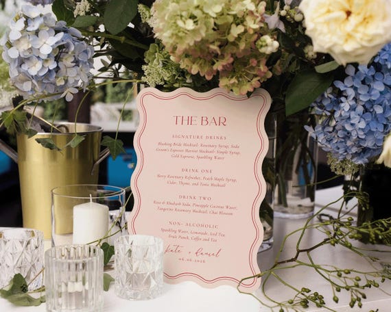 Wavy Wedding Bar Menu Template: Pink Scalloped Edge Drink Sign (Digital Download)
