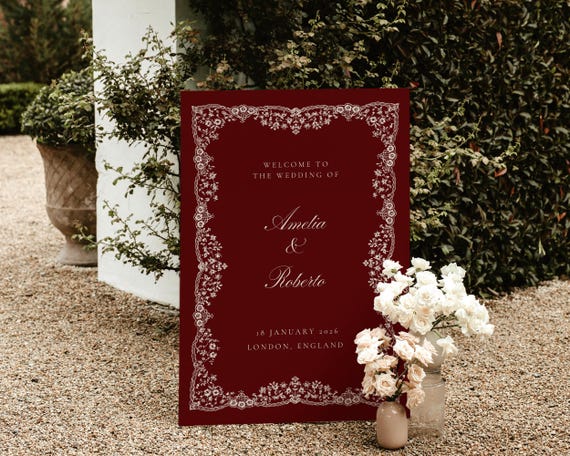 Romantic Burgundy Wedding Welcome Sign: Hand-Drawn Illustrations (Digital Download)