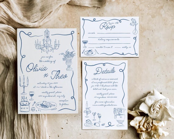 Hand-Drawn Wedding Invitation Suite: Whimsical Illustrated Design (Digital Download)