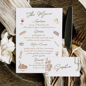 Modelli di menu e segnaposto / Modelli di menu / Segnaposto / Menù per ospiti / Menù di nozze / Menù per feste di nozze / Fantasioso / Disegnato a mano