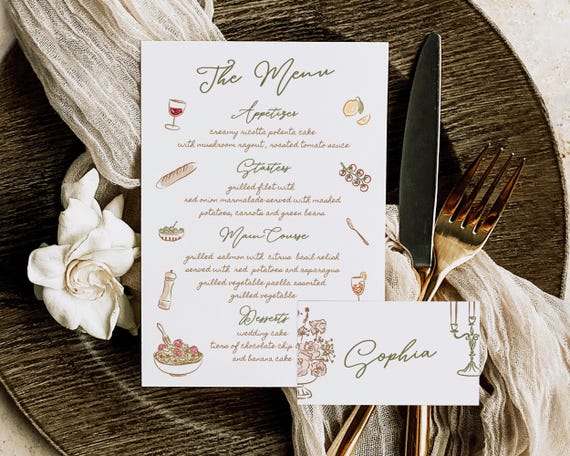 Hand-Drawn Wedding Menu And Place Card: Scribble Illustrations (Digital Download)