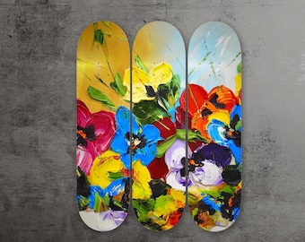Flowers Painting Style, Set of 3Pcs, Pro-Grade Maple Skateboard, Pop Art, Wall Decor