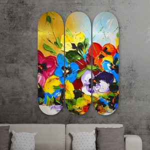 Flowers Painting Style, Set of 3Pcs, Pro-Grade Maple Skateboard, Pop Art, Wall Decor