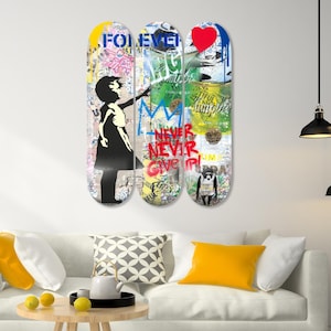Never Give Up Skateboard, Skateboard Set of 3Pcs, Pro-Grade Maple Wood, Pop Art, Wall Decor