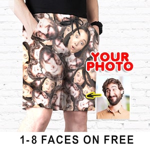 Op maat gemaakte casual strandshort. Gezichten all-over. Gepersonaliseerde fotoshort Grappig strandcaravan Camping Staycation Vakantiecadeau. Herenshort.