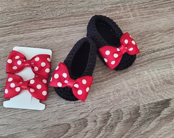 Zapatillas de ballet de crochet con lunares rojos y blancos hechas a mano, regalos para mamás y baby showers, botitas para bebés de 0 a 6 meses