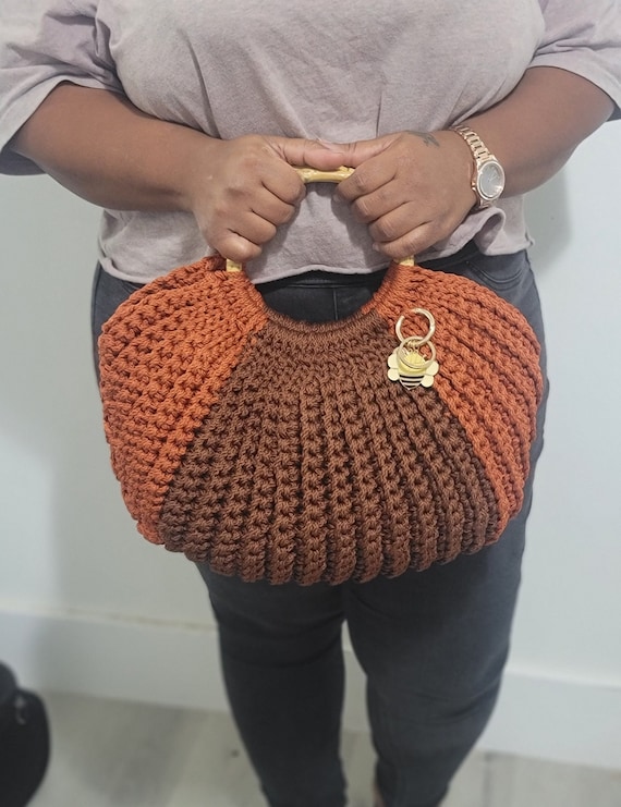 Handmade Crochet Bag, Basket Tote Handbag, Bamboo Handles, Hand