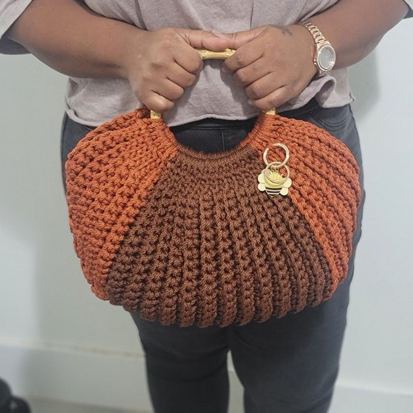 Handmade Crochet Basket Tote Handbag with Bamboo handles - Burnt Orange and chocolate Brown/ Gifts for her/ mom/