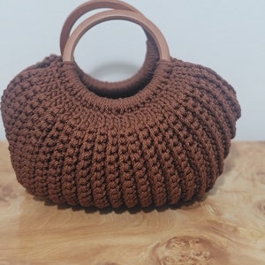 Handmade Crochet Basket Shell Handbag with wooden handles - Chocolate Brown/ Gifts for her/Gifts for Moms/