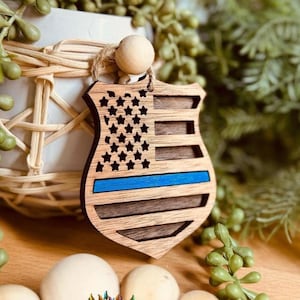 Blue Line Badge Ornament SVG | Glowforge First Responder Ornament SVG | Police Officer Ornament Laser File | Giddy Up Studio