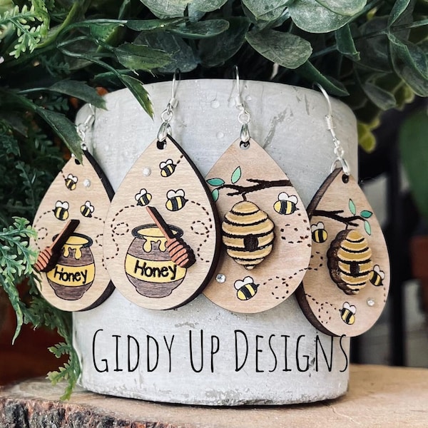 Bee Honey Pot Earring SVG Bundle | Bee Hive SVG File Designs Bee Earrings | Glowforge Earring SVG Designs | Giddyupsstudio | GiddyUpDesign