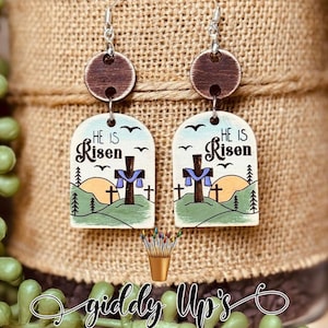Pendientes cristianos SVG / Archivo de corte religioso / Pendientes de Pascua de He resucitado / Archivos SVG de Glowforge / Giddyupstudio / Archivo de corte de Jesús
