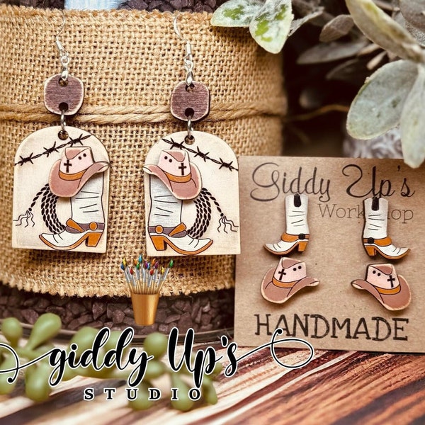 Cowgirl Boots with Hat and Rope Earring SVG | Laser Cut File | Glowforge Western SVG Earrings | Giddy Up Studio | giddyupsstudio | glowforge