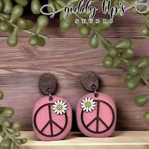 Pendientes de flor de la paz SVG / Pendientes de flor con el símbolo de la paz SVG cortados con láser / Archivos SVG hippie boho / Archivo SVG de pendientes Glowforge / GiddyUpsStudio