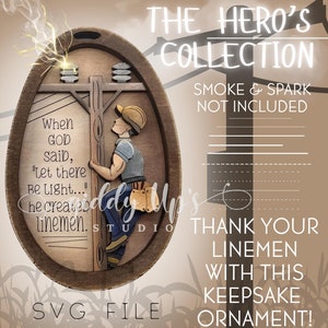 Può includere: Un ornamento in legno di un elettricista che sale su un palo della luce. L'ornamento è di forma ovale e ha uno sfondo in legno marrone. Il testo "When God said, 'Let there be light...' he created linemen." è sull'ornamento. Il testo "The Hero's Collection" è nella parte superiore dell'immagine. Il testo "Smoke & Spark Not Included" è sotto il testo "The Hero's Collection". Il testo "Thank Your Linemen With This Keepsake Ornament!" è nella parte inferiore dell'immagine.