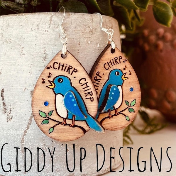 Bird Chirping SVG Designs | Blue Bird Earring SVG File | Glowforge Earrings | GiddyUpsStudio | Earring SVG Cut File | Glowforge Bird