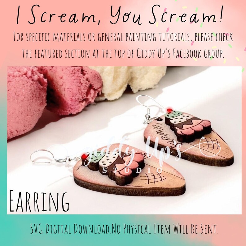 May include: A pair of wooden earrings shaped like ice cream cones with scoops of pink, green, and brown ice cream. The earrings are decorated with a waffle cone texture and the text "I Scream, You Scream!" is visible on the earrings.