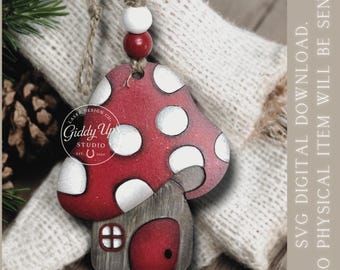 Paddenstoelhuis kerstornament SVG: kabouterornamentbestand (Glowforge)