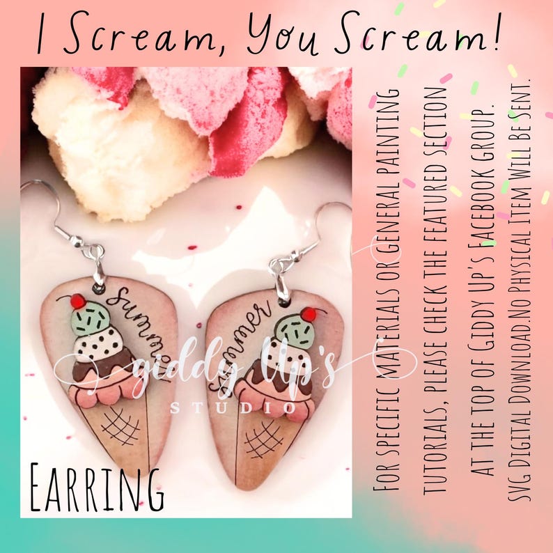 May include: A pair of wooden earrings shaped like ice cream cones with a cherry on top. The earrings are painted with a light brown wood grain pattern and have the words "Summer" and "Giddy Up's Studio" written on them.