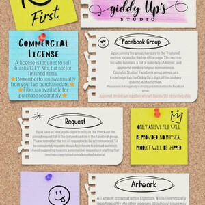 May include: A corkboard displays several colorful sticky notes with handwritten text. Notes include "Read First," "Commercial License," "Request," and "Artwork." Other notes advertise a Facebook group and SVG file availability.