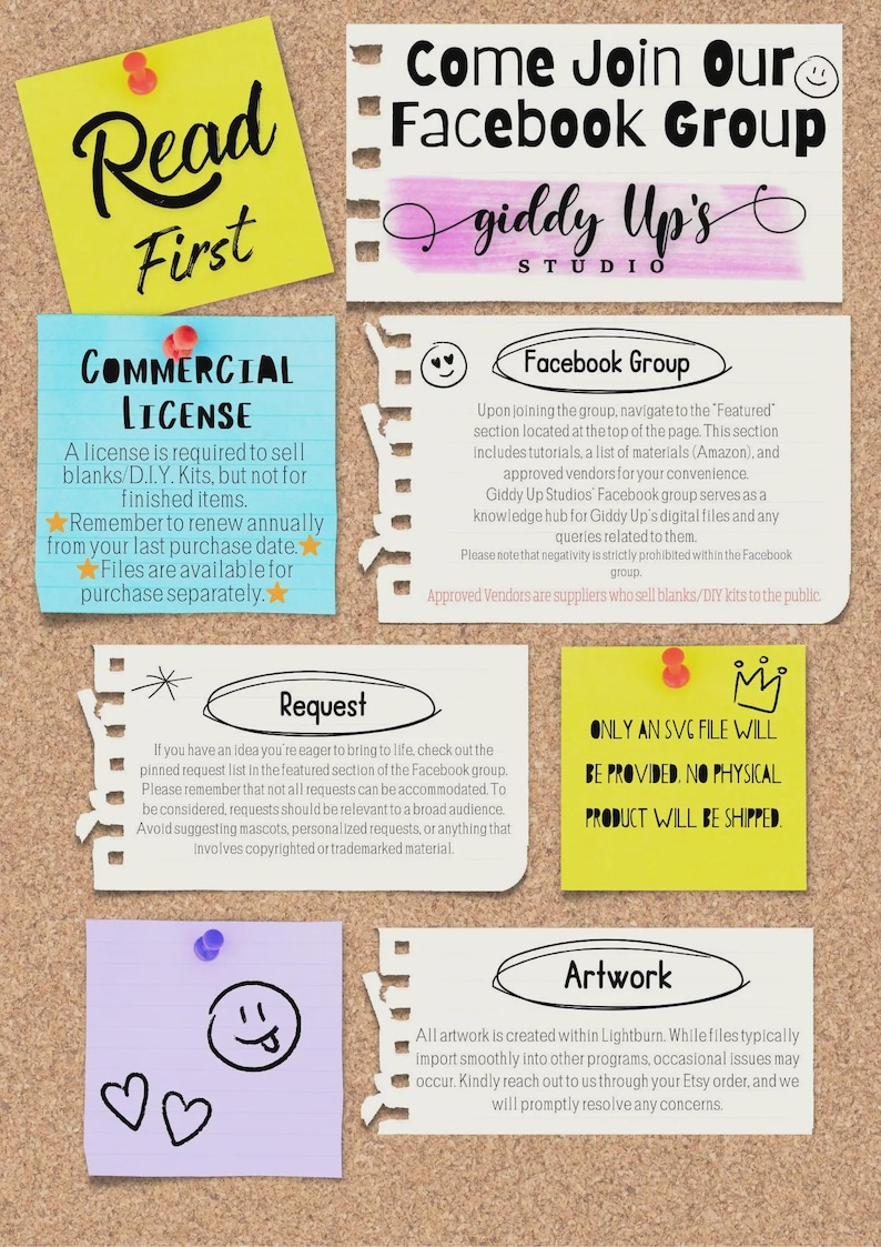 May include: A corkboard displays several colorful sticky notes with handwritten text. Notes include "Read First," "Commercial License," "Request," and "Artwork." Other notes advertise a Facebook group and SVG file availability.