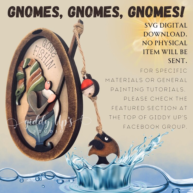 Puede incluir: Un letrero ovalado de madera con un gnomo sosteniendo una ca&ntilde;a de pescar con un flotador y un pez, con el texto GONE FISHIN' y GNOMES, GNOMES, GNOMES! SVG DIGITAL DOWNLOAD. NO PHYSICAL ITEM WILL BE SENT. FOR SPECIFIC MATERIALS OR GENERAL PAINTING TUTORIALS.