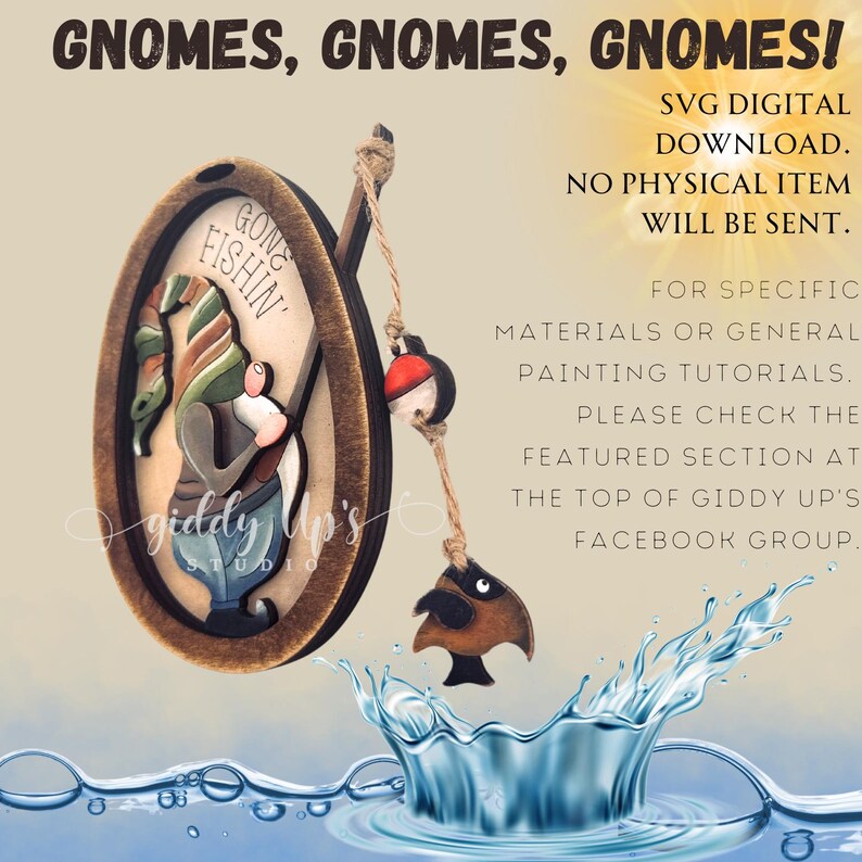 Puede incluir: Un letrero ovalado de madera con un gnomo sosteniendo una ca&ntilde;a de pescar con un flotador y un pez, con el texto GONE FISHIN' y GNOMES, GNOMES, GNOMES! SVG DIGITAL DOWNLOAD. NO PHYSICAL ITEM WILL BE SENT. FOR SPECIFIC MATERIALS OR PAINTING TUTORIALS.