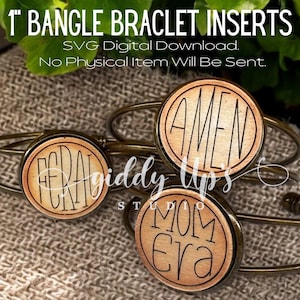 May include: Three 1 inch round wooden bangle bracelet inserts with engraved text. The inserts are brown with black engraved text. The text on the inserts reads "Amen", "Mom Era", and "Feral".