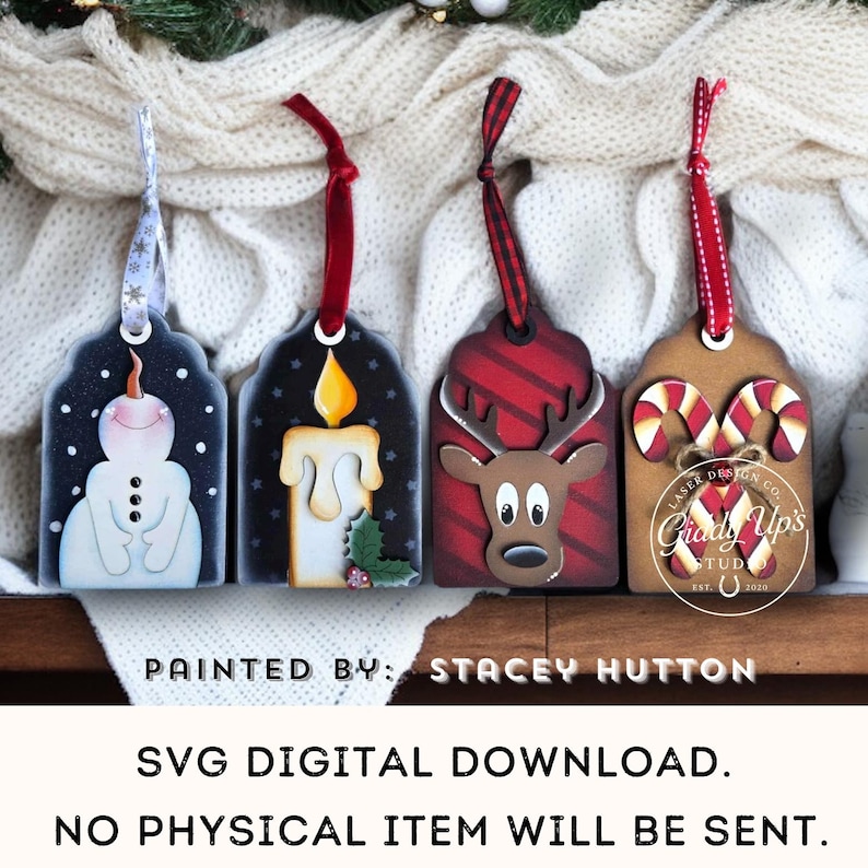 Create beautifully festive Christmas gift tags with this versatile SVG file. Perfect for adding a personalized touch to your gifts this holiday season. Download and use this file to make your own unique gift tags that will impress your loved ones. Bring your gift wrapping to the next level with these charming designs. A must-have for anyone who loves crafting and DIY projects. Spread some holiday cheer with these Christmas gift tags!