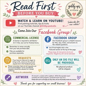 Puede incluir: Un gr&aacute;fico informativo titulado Read First Before You Buy de Giddy Up's Studio. Describe las pol&iacute;ticas para licencias comerciales, acceso al grupo de Facebook, solicitudes de dise&ntilde;o y aclara que solo se proporciona un archivo SVG.