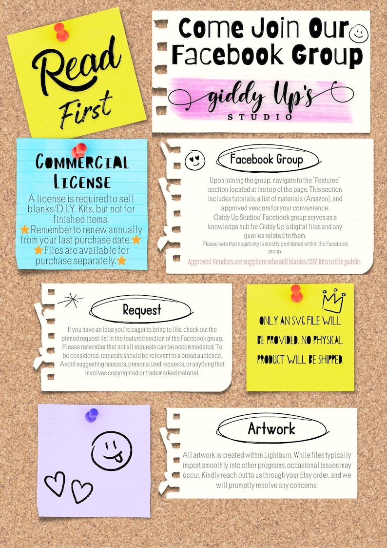 May include: A corkboard displays several colorful sticky notes with handwritten text. Notes include "Read First," "Commercial License," "Request," and "Artwork." The image promotes a Facebook group and SVG files.
